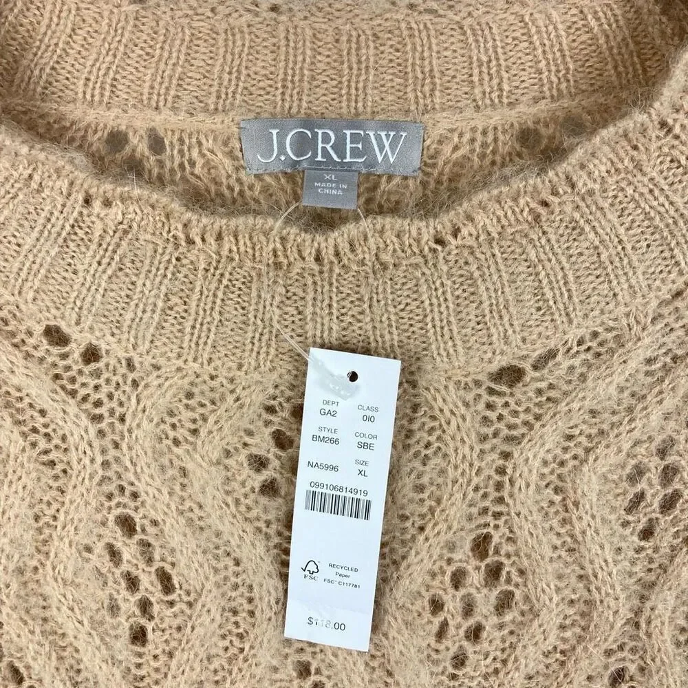 J Crew Women’s Pointelle Scallop Trim Sweater Beige Tan Crochet Eyelet Alpaca XL - Picture 3 of 8
